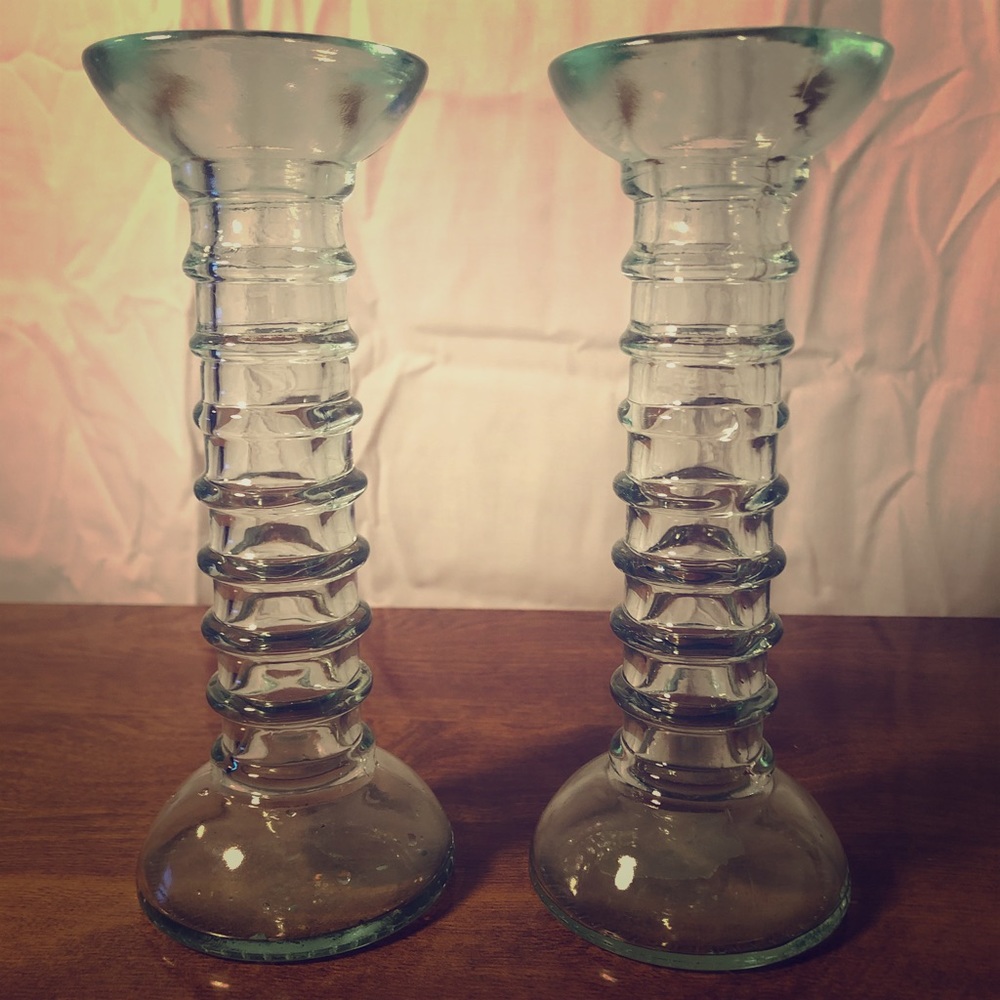 2 VTG Ribbed Light Green Glass Candle Holders